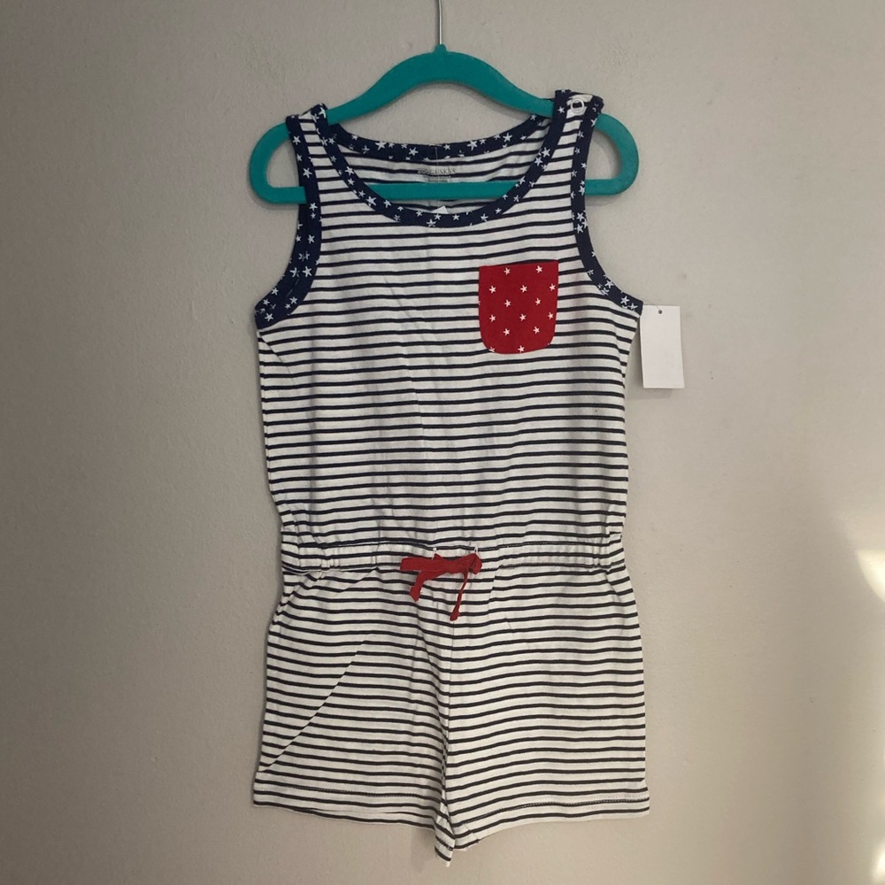 8-24 🌸 Toughskins girls romper shorts stats stripes Medium NWT